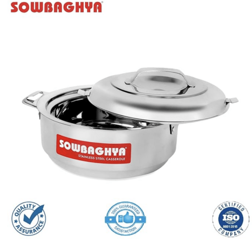 SOWBAGHYA Stainless Steel Casserole - 2500 ml, Silver Stainless Steel Solid Casserole | Hot Pot for Meal chapati Curry roti | Dishwasher Safe | Keeps Food Hot & Cold for Long Hours, Food Grade - Image 2
